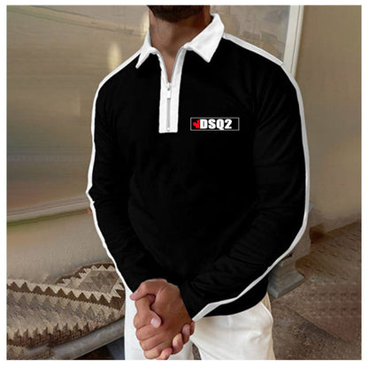 Herren Langarm Poloshirt Modern mit Reißverschluss Kontrast Farben