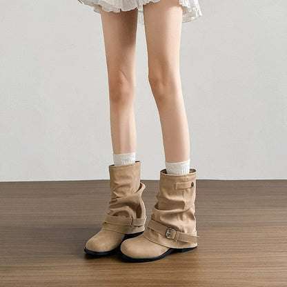 Damen Stiefeletten Lässig Falten Design Schnalle Elegant
