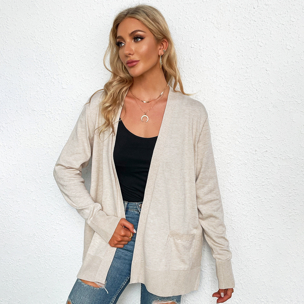 Damen Strickcardigan Lässig Mit V-Ausschnitt und Taschen