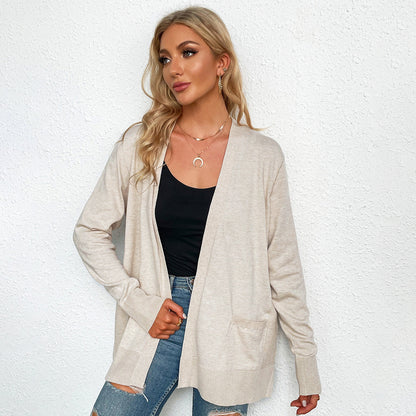 Damen Strickcardigan Lässig Mit V-Ausschnitt und Taschen