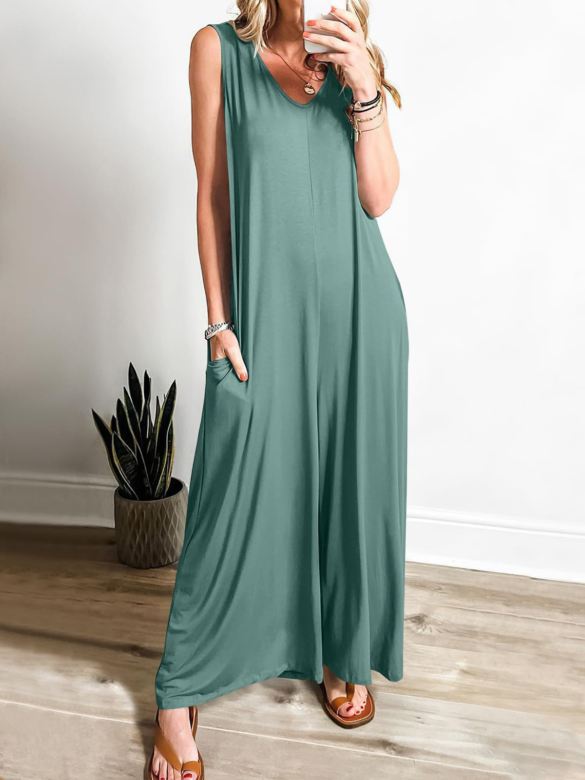 Damen Jumpsuit Locker Mit V-Ausschnitt Und Taschen