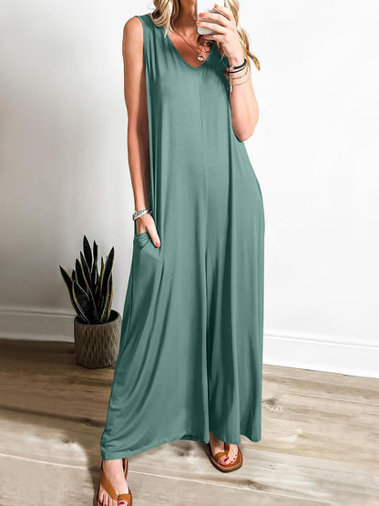 Damen Jumpsuit Locker Mit V-Ausschnitt Und Taschen
