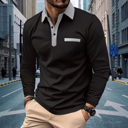 Herren Poloshirt Langarm Modern Stehkragen Kontrast Design