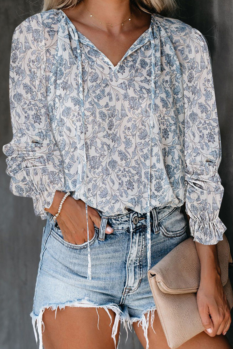 Damen Bluse Top Tierdruck Ärmel Fransen Modern