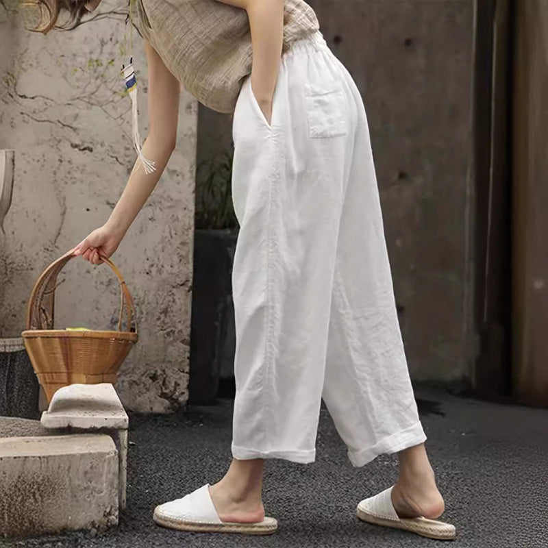 Damen Leinenhose Bequem Elastisch Mit Taschen