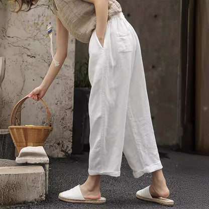 Damen Leinenhose Bequem Elastisch Mit Taschen