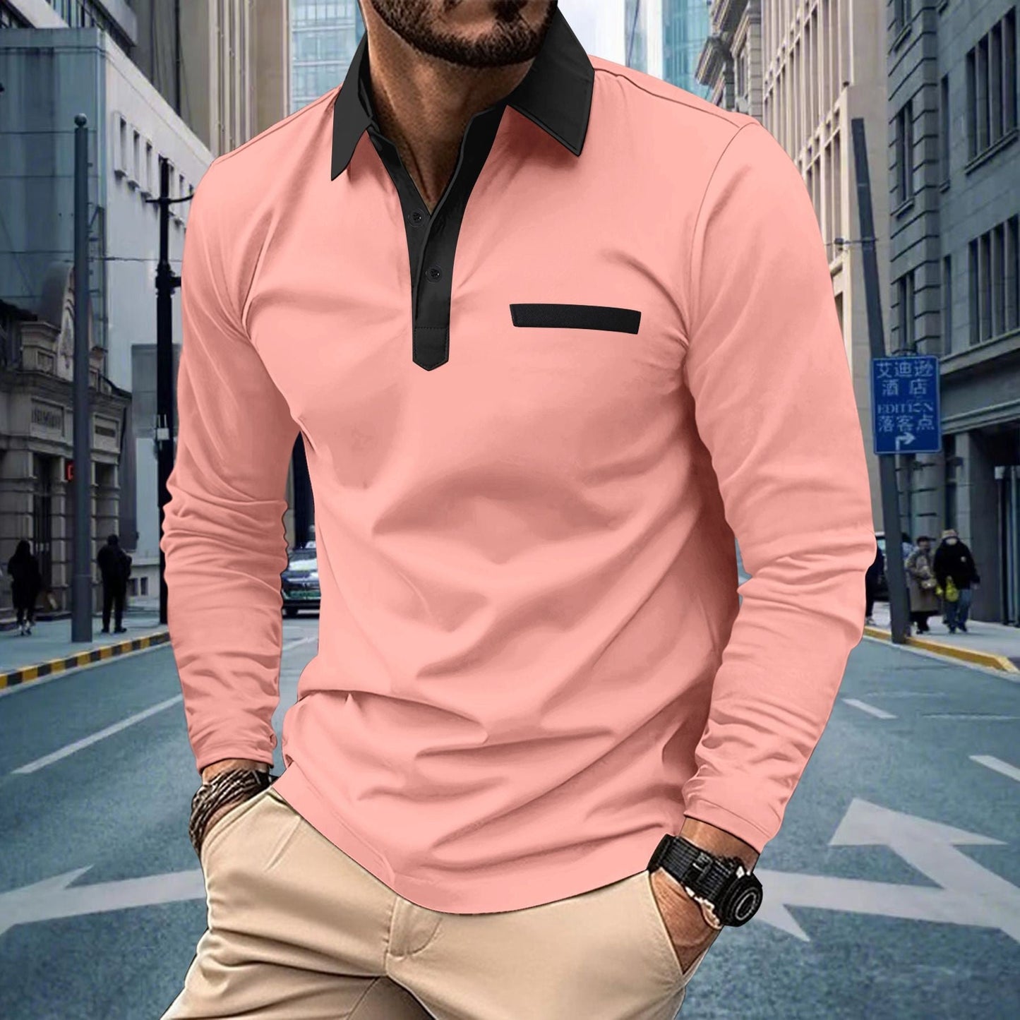 Herren Hemd Langarm Elegantes Kontrast Details Modern