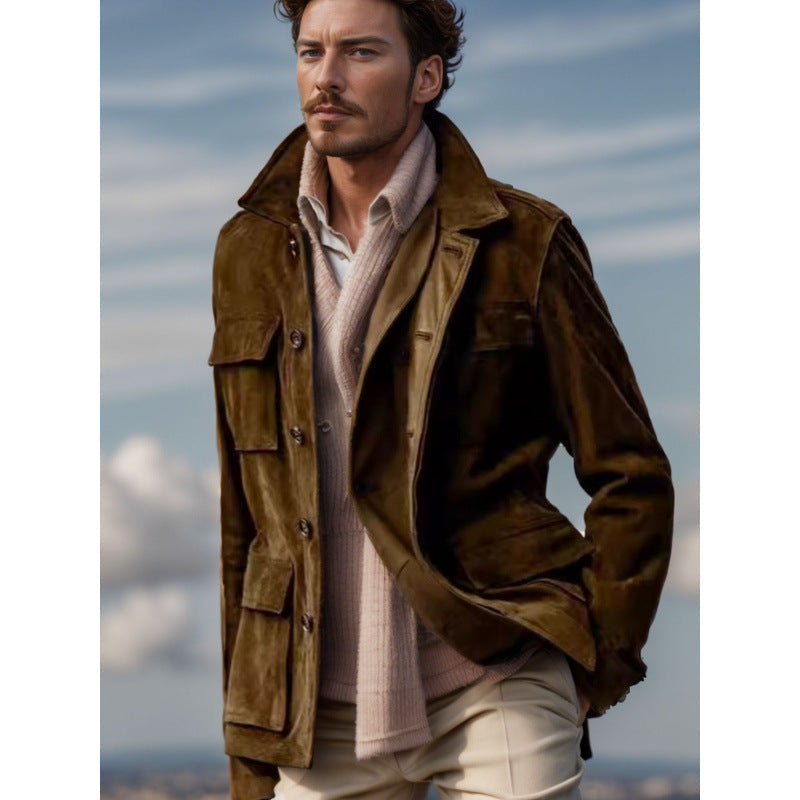 Herren Lederjacke Suede Style Vieltaschig Modern