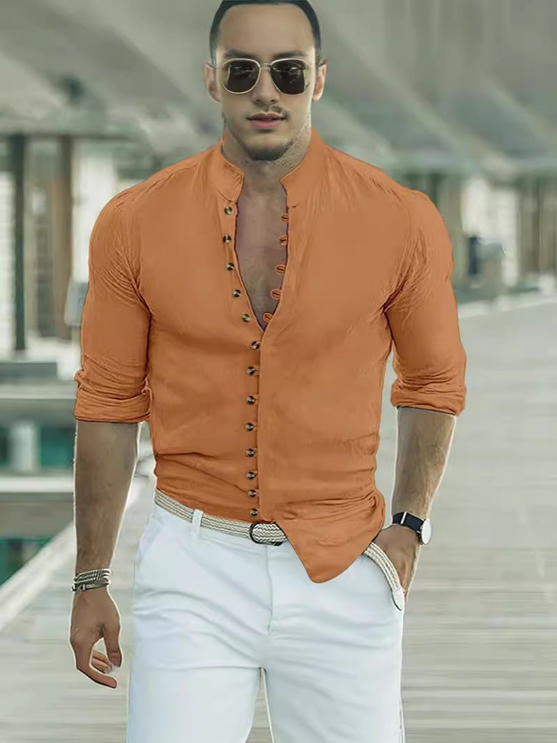 Herren Langarmhemd Modern mit Knopfleiste Stehkragen