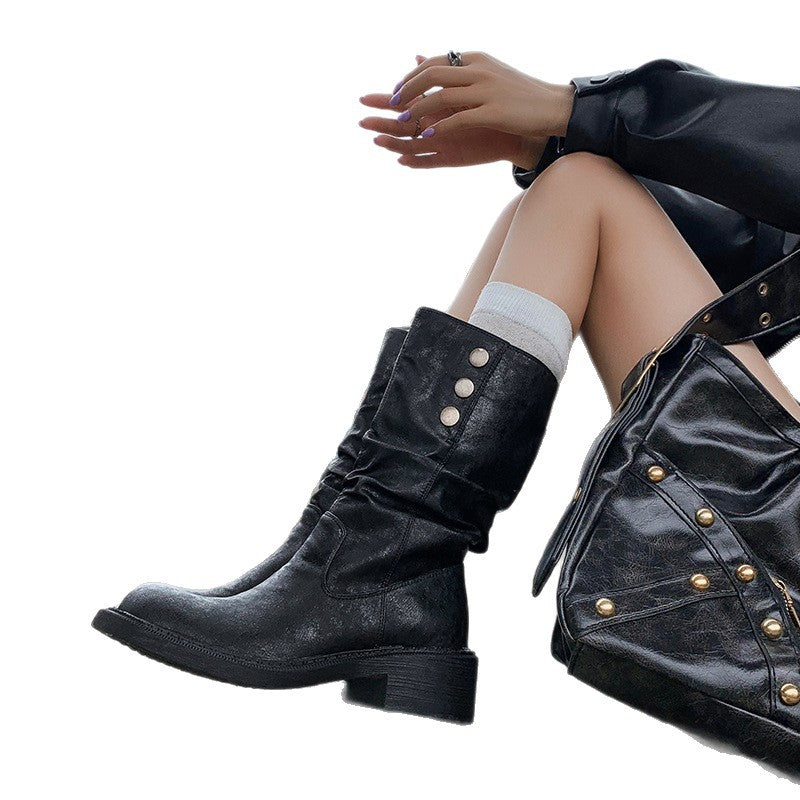 Damen Stiefel Geraffter Schaft Dekorative Knöpfe Wintermode