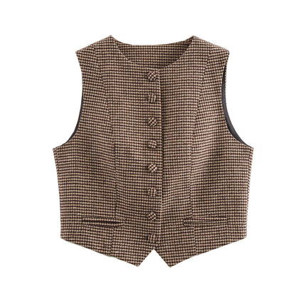 Damen Weste Karomuster Elegante Knopfleiste