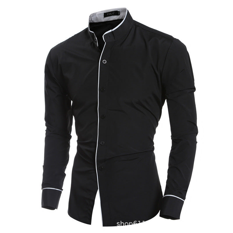 Herren Langarmhemd Modern Stehkragen Kontrastnähte Elegant