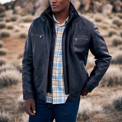 Lederjacke Herren Modern Stehkragen Vieltaschig