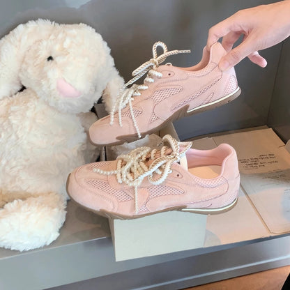 Damen Sneaker Sportlich Perlen Schnürsystem Schwarz
