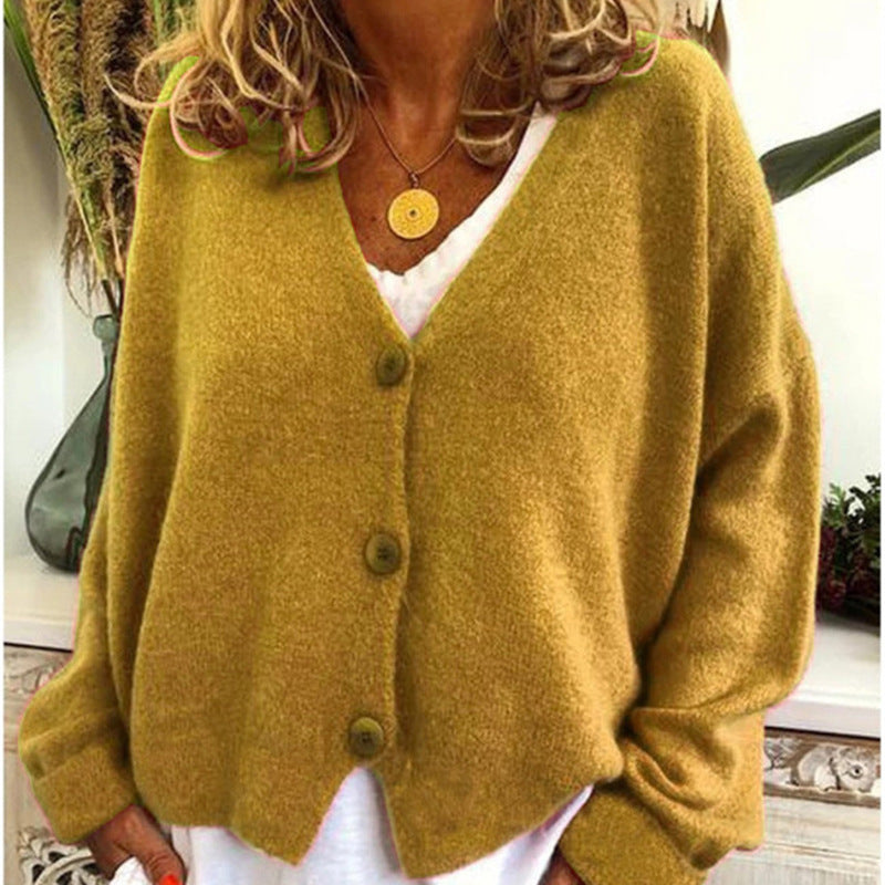 Damen Strickcardigan Lässig V-Ausschnitt Große Knöpfe - BerlinGlamour