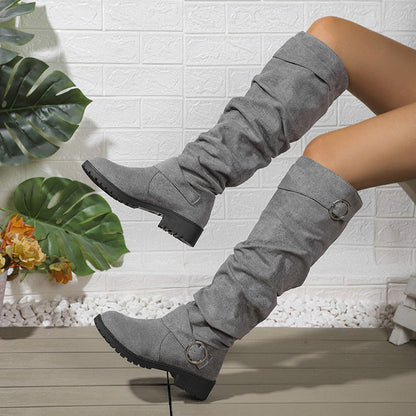Damen Stiefel Hoch mit Rüschen Design und Riemen Schwarz