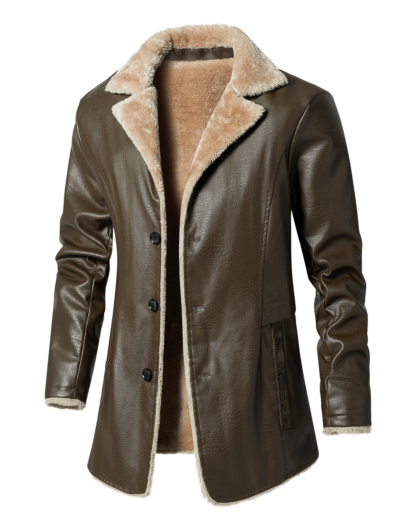 Herren Lederjacke Kunstleder Warm Fleecefutter Schwarz