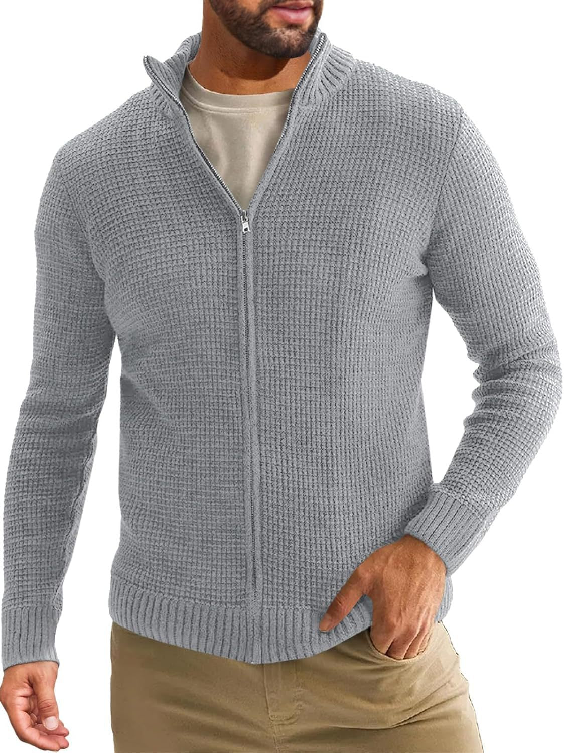 Herren Strickjacke Lang Reißverschluss Hochkragen Winter