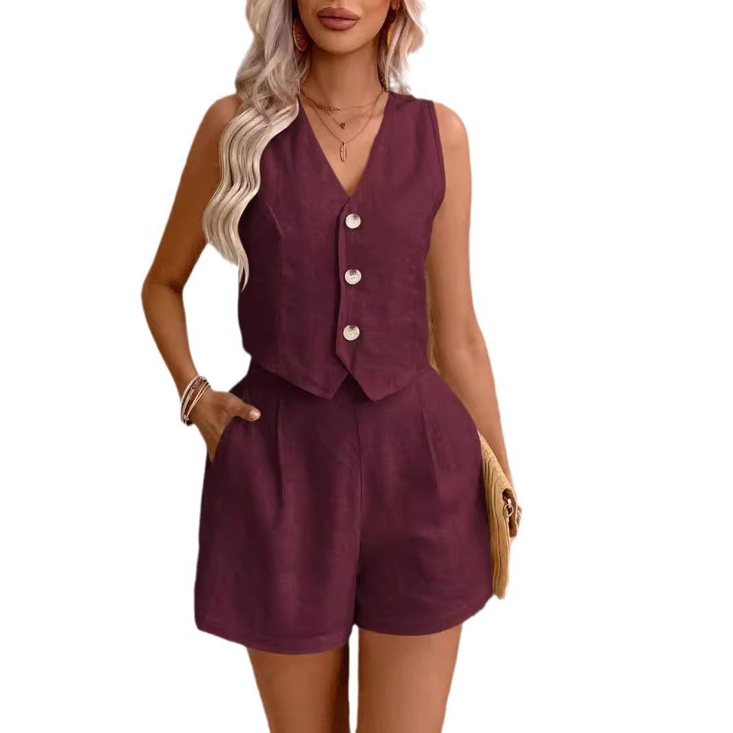 Leinenoptik Zweiteiler Ärmellos mit High-Waist Shorts