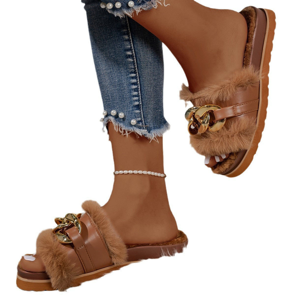 Damen Slides Sandalen Pelzbesatz Glitzerketten Modern