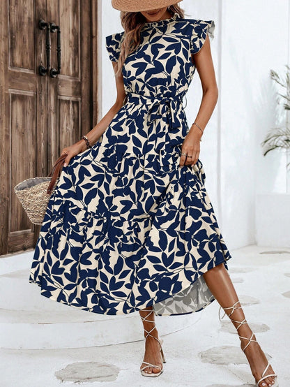 Damen Kleid Midi Lässig mit Rüschen Floral Modern