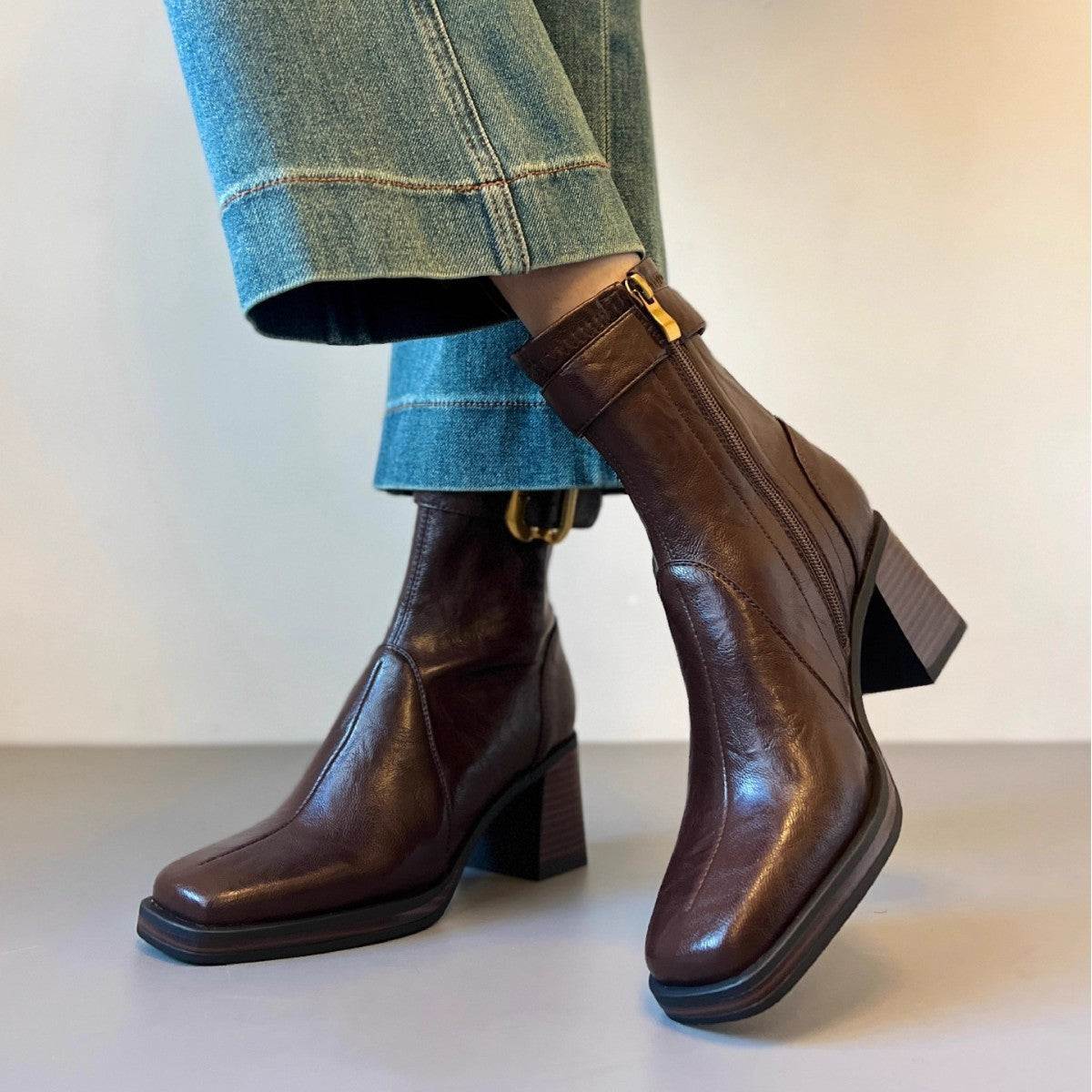 Damen Stiefeletten Hoch Hacken Schnalle Modisch Elegante
