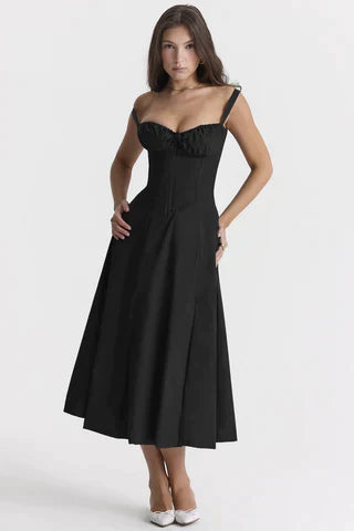 Schwarzes Midikleid mit Trägern A-Linie Damenkleid