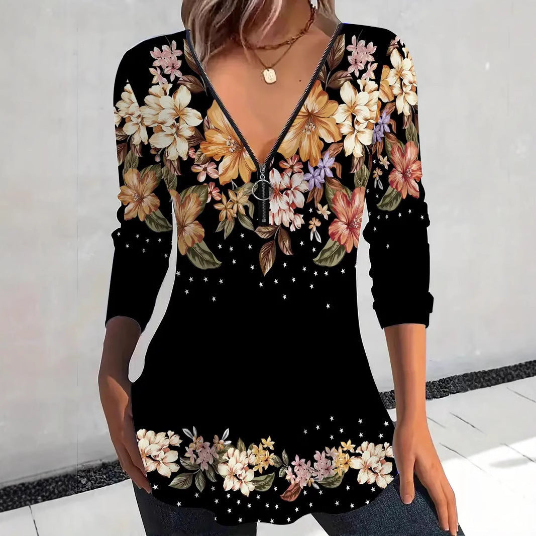 Frauen Bluse Floral Print Modern Reißverschluss - BerlinGlamour