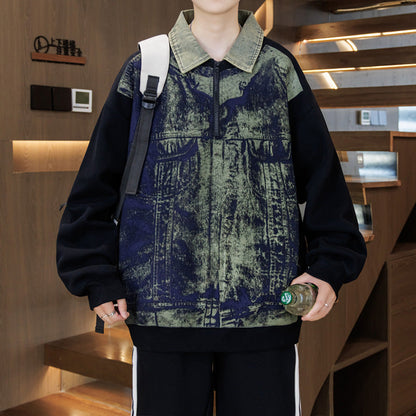Unisex Sweatshirt Oversized Blau Denim Stehkragen