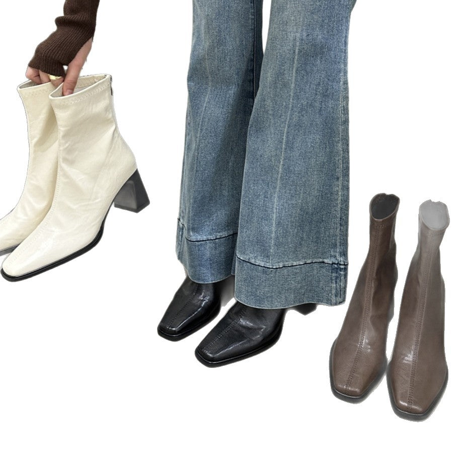 Damen Stiefel Hoher Blockabsatz Lederschuhe Trendy
