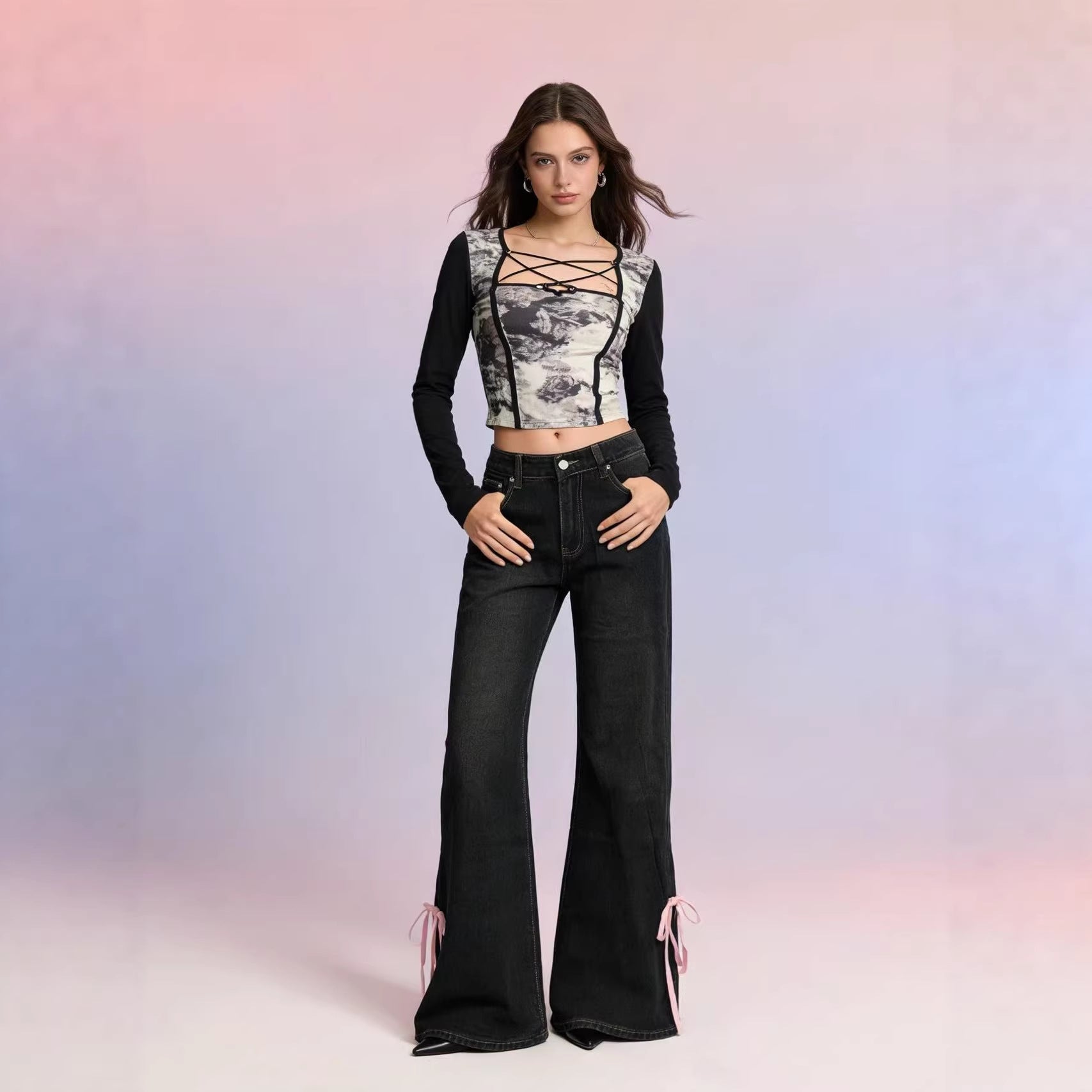 Damen Jeans Weite Bein Schnürung Dekorativ - BerlinGlamour