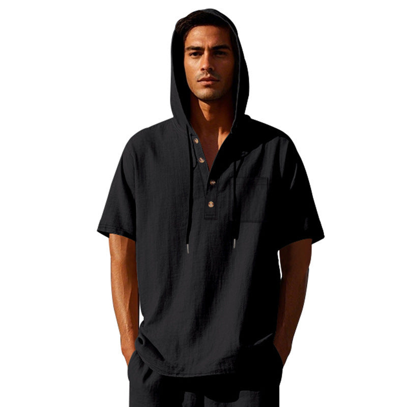 Männer Kapuzen-T-Shirt mit Knöpfen und Brusttasche Sportlich
