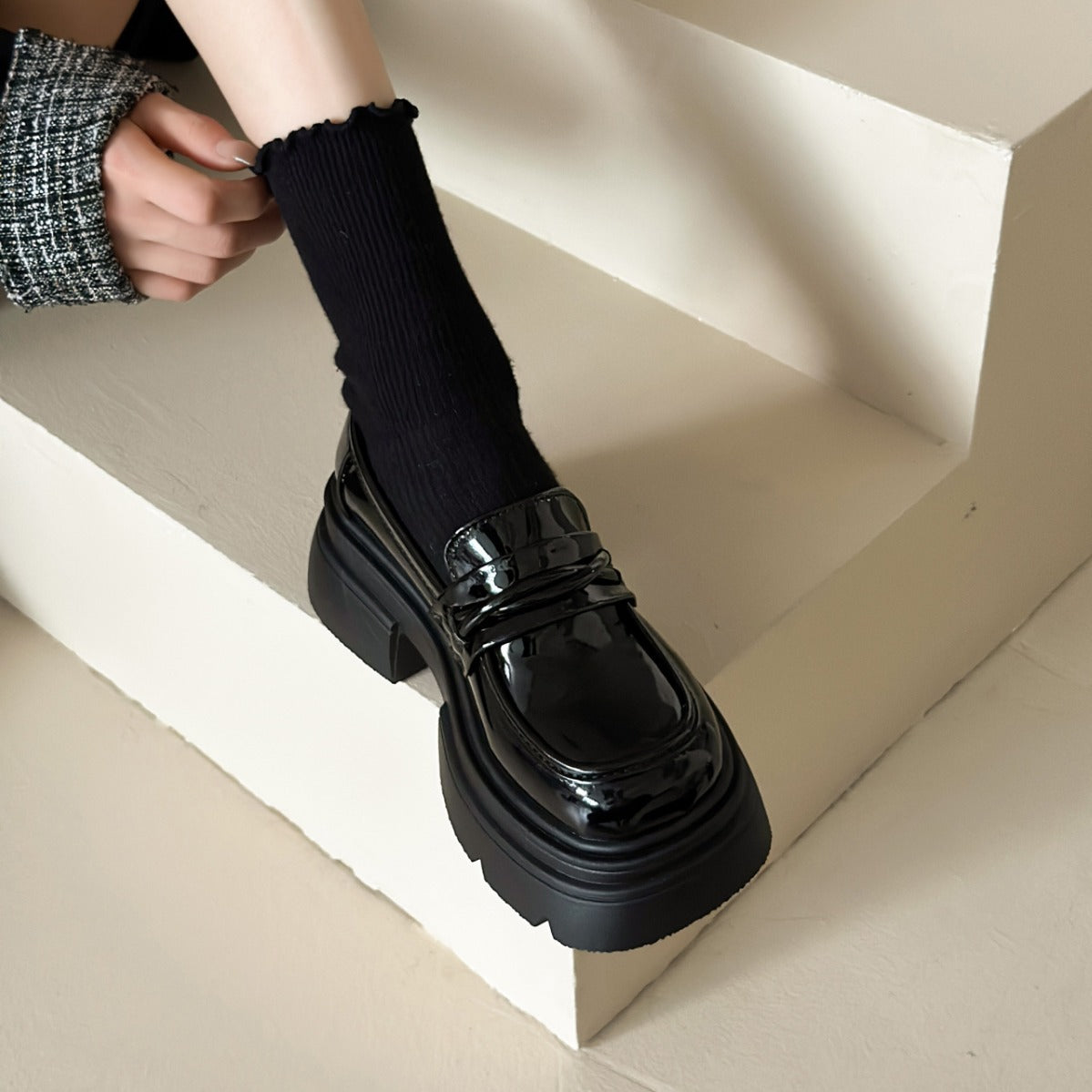 Damen Loafers Schuhe Glänzend Plateau Modisch - BerlinGlamour