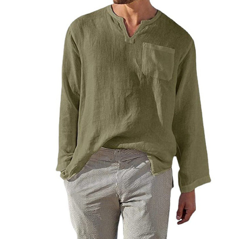 Herren Leinenhemd Langarm V-Ausschnitt Elegant