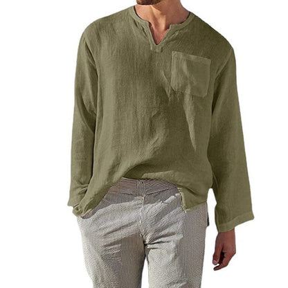 Herren Leinenhemd Langarm V-Ausschnitt Elegant