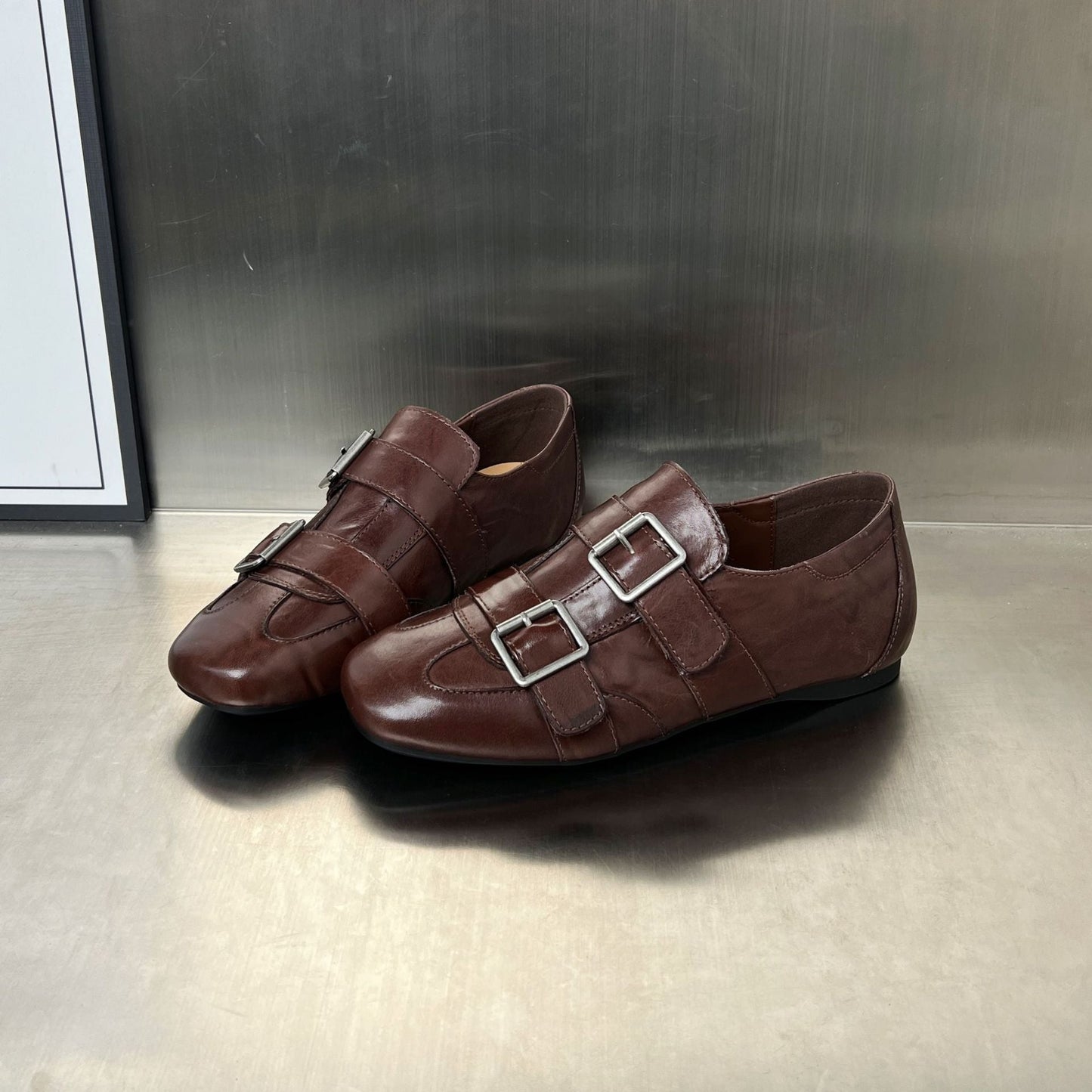 Damen Mokassins Elegant mit Doppelschnalle Schwarz Modisch