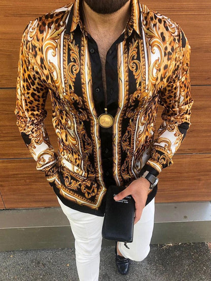 Herren Langarmhemd Barock Muster Elegant Schwarz