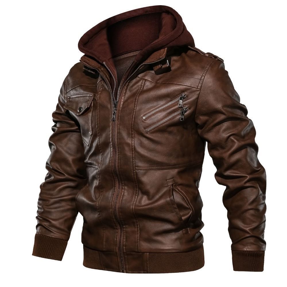 Herren Lederjacke Mit Kapuze Und Brusttaschen Ledermantel Schwarz