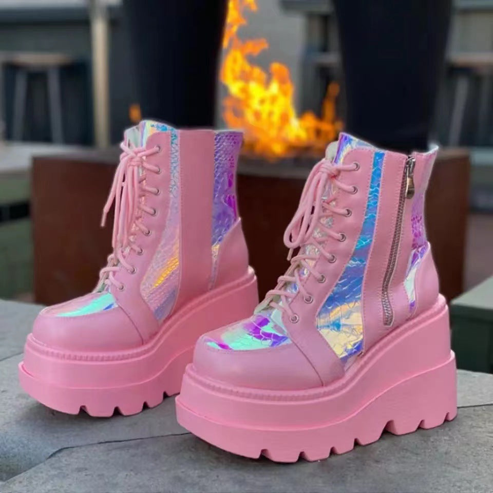 Damen Plateau Stiefel Hoch Schnürstiefel Kunstleder Reflektierend