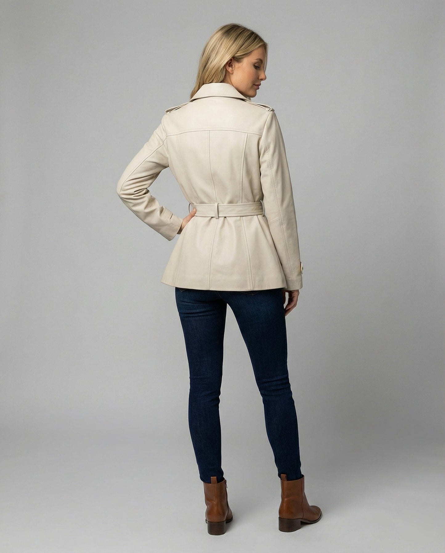 Damen Trenchcoat Kurz Tailliert mit Gürtel und Knöpfen Modern