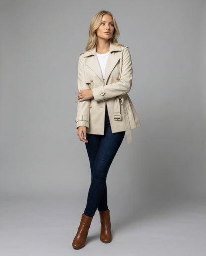 Damen Trenchcoat Kurz Tailliert mit Gürtel und Knöpfen Modern - BerlinGlamour