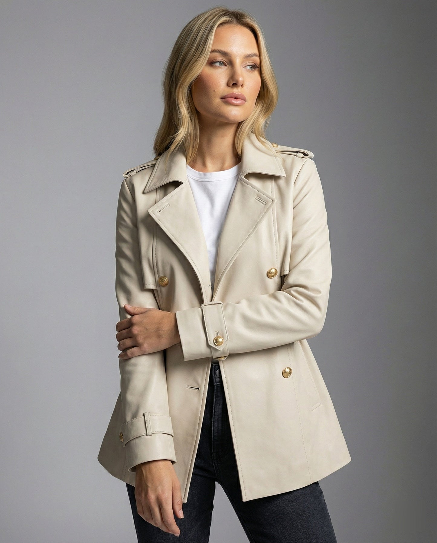 Damen Trenchcoat Kurz Tailliert mit Gürtel und Knöpfen Modern