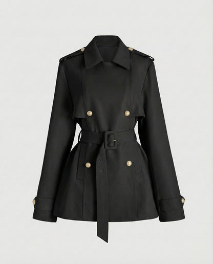 Damen Trenchcoat Kurz Tailliert mit Gürtel und Knöpfen Modern