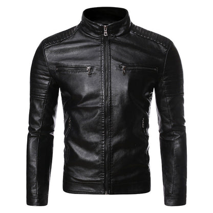 Lederjacke Herren Bikerstil mit Reißverschluss und Taschen Schwarz