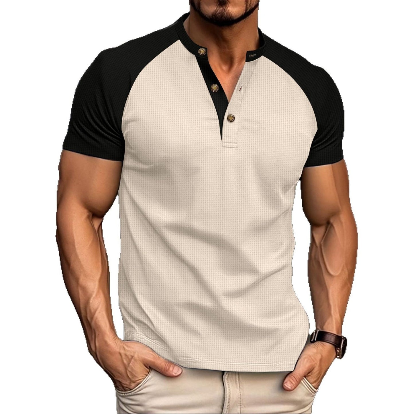 Herren Poloshirt Kurzarm Moderne Knopfleiste Kontrast Ärmel