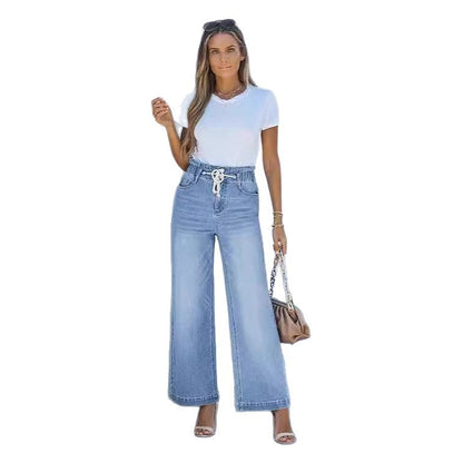 Damen High-Waist Jeans Weite Bein Elastisch Komfortabel