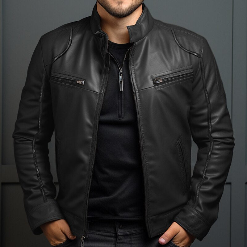 Leder Bikerjacke Herren mit Reißverschluss Taschen