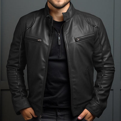 Leder Bikerjacke Herren mit Reißverschluss Taschen