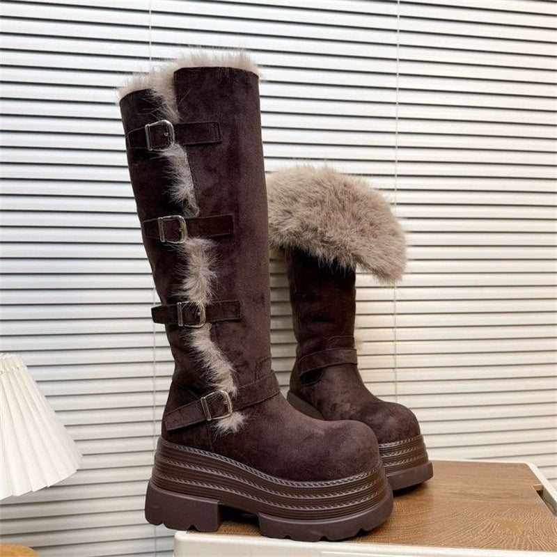 Damen Winterstiefel Fleecegefüttert Plattform Sohle Schnalle Warm