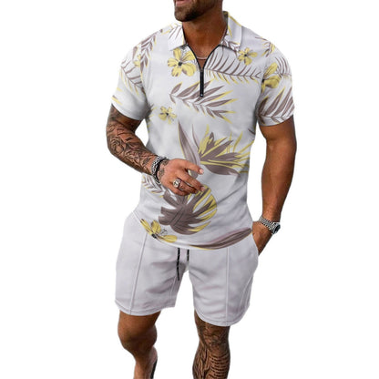 Herren Polohemd Blumenmuster Reißverschluss Modern